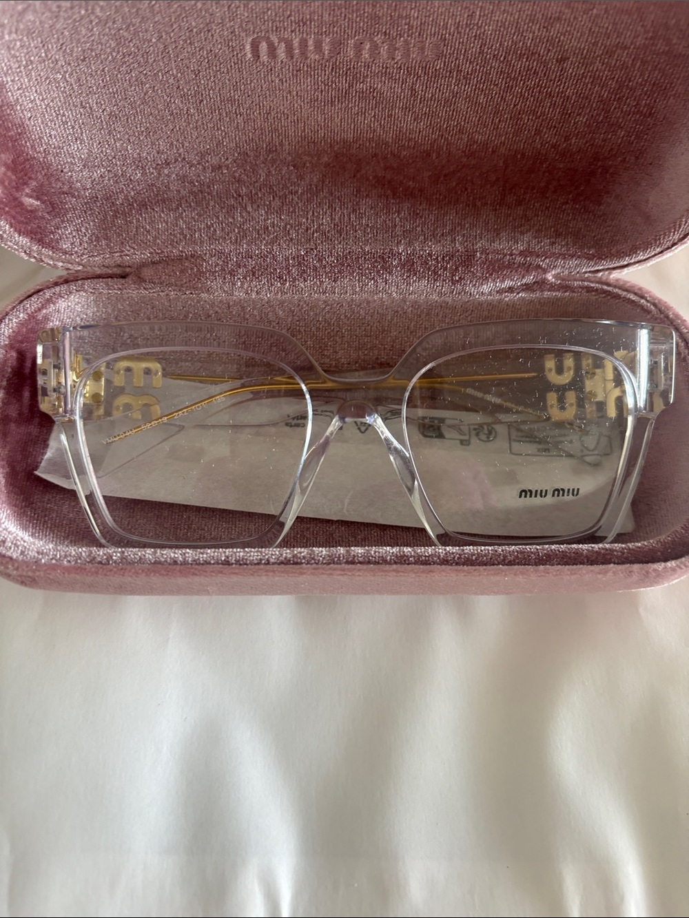Miu Miu Clear Square Frame Glasses with Gold Temples and Pink Case